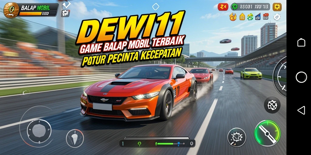Screenshot DEWI11 menampilkan balapan mobil yang intens dan grafis menawan.