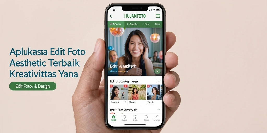 Antarmuka HUJANTOTO menampilkan fitur dan alat untuk edit foto aesthetic.